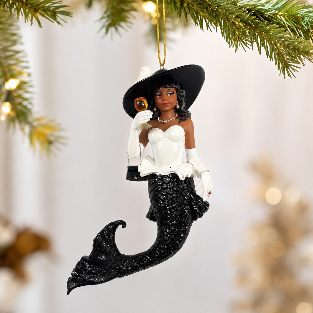 December Diamonds Lady Ebony Mermaid 7" Ornament 2009 Retired Black White Box
